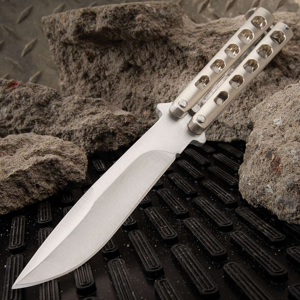 Champagne Slotted Butterfly Knife - Shiny Silver, Skeletonized Steel
